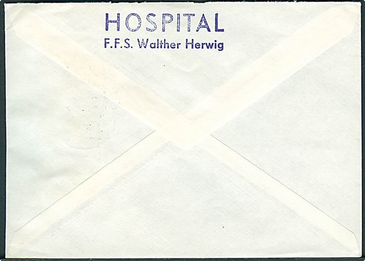 25 øre Fr. IX i fireblok på brev fra Godthåb d. 5.12.1972 til Bremerhaven, Tyskland. På bagsiden afs.-stempel: Hospital / F.F.S. Walther Herwig. 