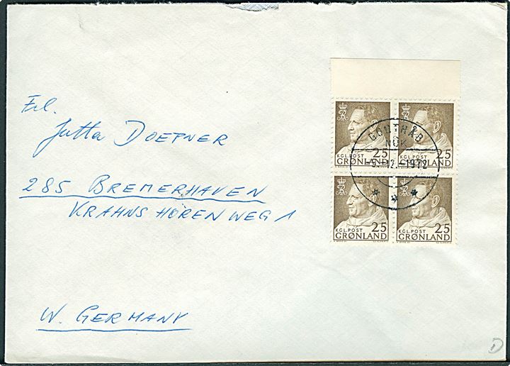 25 øre Fr. IX i fireblok på brev fra Godthåb d. 5.12.1972 til Bremerhaven, Tyskland. På bagsiden afs.-stempel: Hospital / F.F.S. Walther Herwig. 