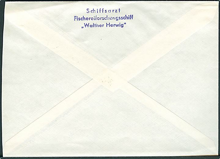 60 øre Hans Egede i parstykke på brev fra Godthåb d. 6.12.1972 til Bad Ems, Tyskland. På bagsiden skibsstempel: Schiffsarzt Fischereiforschungsschiff Walther Herwig.