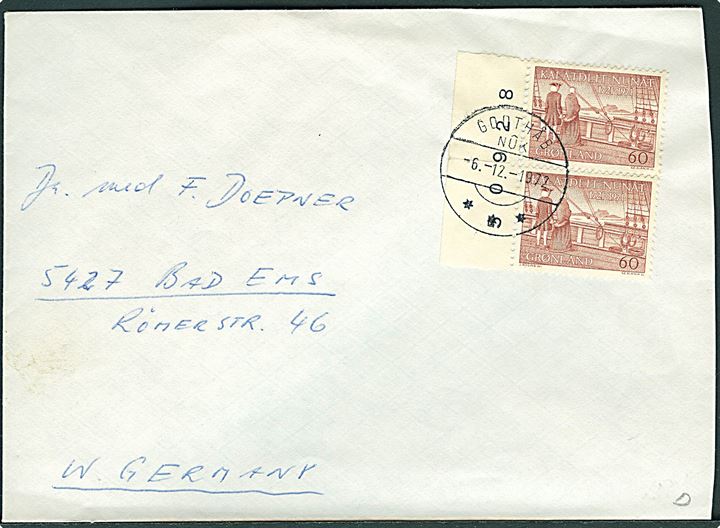 60 øre Hans Egede i parstykke på brev fra Godthåb d. 6.12.1972 til Bad Ems, Tyskland. På bagsiden skibsstempel: Schiffsarzt Fischereiforschungsschiff Walther Herwig.