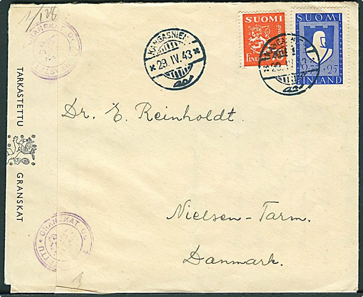 75 pen. Løve og 2,75 mk. + 25 pen. Velgørenhed på brev fra Kangasniemi d. 29.4.1943 til Tarm, Danmark. Åbnet af finsk og dansk censur.