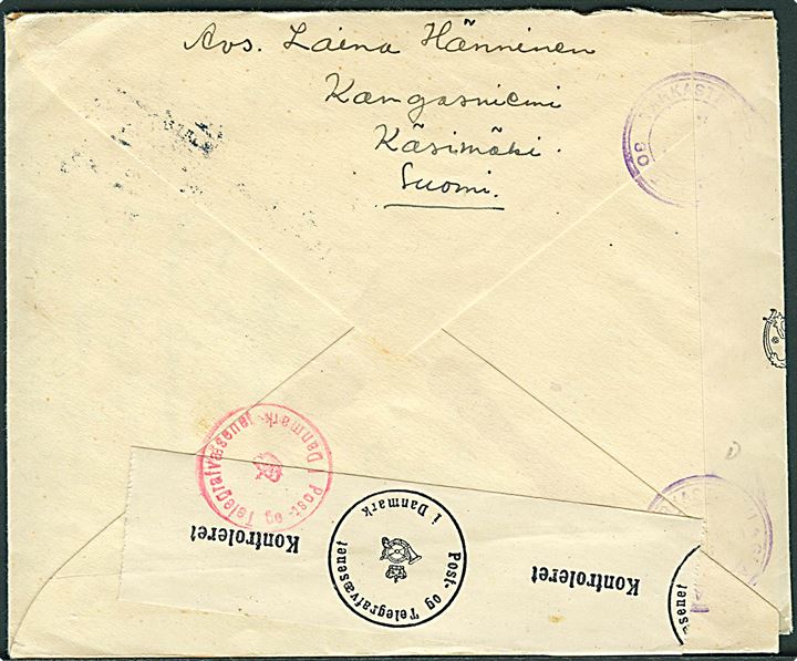 75 pen. Løve og 2,75 mk. + 25 pen. Velgørenhed på brev fra Kangasniemi d. 29.4.1943 til Tarm, Danmark. Åbnet af finsk og dansk censur.