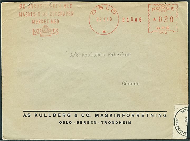 20 øre firmafranko på brev fra Oslo d. 22.7.1940 til Odense, Danmark. Kun censureret i Danmark!.
