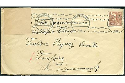 15 öre Linné på brev fra Hälsingborg d. 29.6.1940 til Vanløse, Danmark. Åbnet af tysk censur i Berlin el. Hamburg.