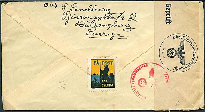 15 öre Linné på brev fra Hälsingborg d. 29.6.1940 til Vanløse, Danmark. Åbnet af tysk censur i Berlin el. Hamburg.