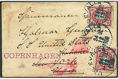 4 öre Ciffer (2) på lille tryksag med julehilsen fra Uddevalla d. 24.12.1906 til sømand ombord på S/S United States i New York, USA - eftersendt til København. Lidt nusset.