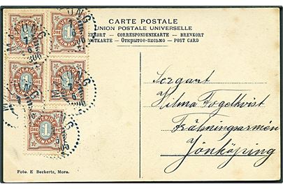 1 öre Ciffer (5) på brevkort fra Malung d. 7.6.1906 til soldat i Jönköping.