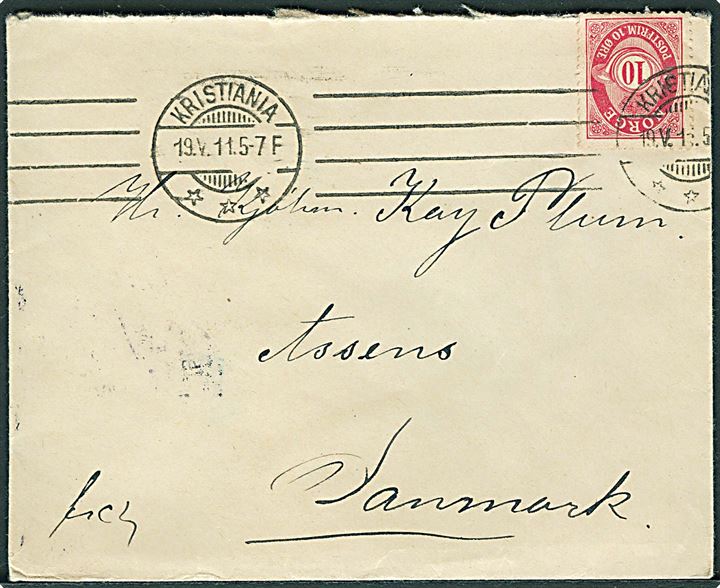 10 øre Posthorn på brev fra Kristiania d. 19.5.1911 til Assens, Danmark.