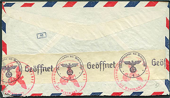 30 cents Winged Globe på luftpostbrev fra Norfolk d. 17.51941 til Søborg, Danmark. Fra sømand ombord på S/S E.M.Dalgas. Åbnet af tysk censur i Frankfurt.