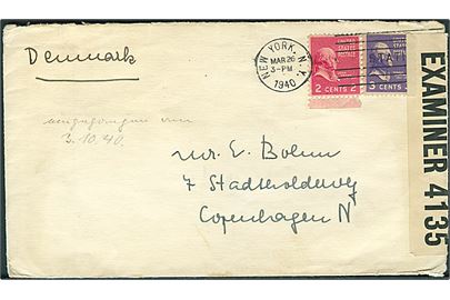 2 cents og 3 cents på brev fra New York d. 26.3.1940 til København, Danmark. Åbnet af britisk censur PC90/4135.