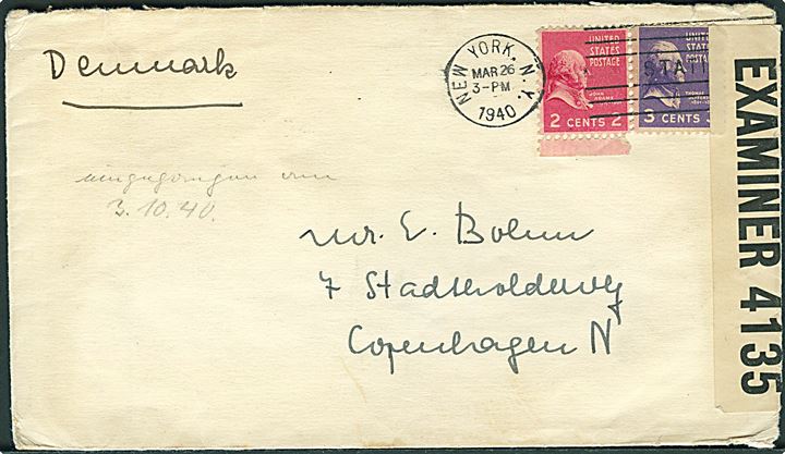 2 cents og 3 cents på brev fra New York d. 26.3.1940 til København, Danmark. Åbnet af britisk censur PC90/4135.