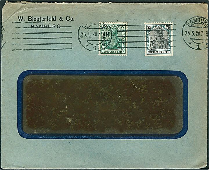 5 pfg. og 75 pfg. Germania med afskæring fra frimærke-påsætnings-maskine på rudekuvert fra W. Biesterfeld & Co. i Hamburg d. 25.5.1920. På bagsiden ank.stemplet Assens d. 28.5.1920.