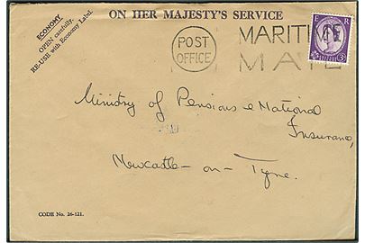 3d Elizabeth på OHMS kuvert stemplet Post Office / Maritime Mail til Newcastle, England. På bagsiden rammestempel: Base Supplt Officer Malta d. 22.6.1963.