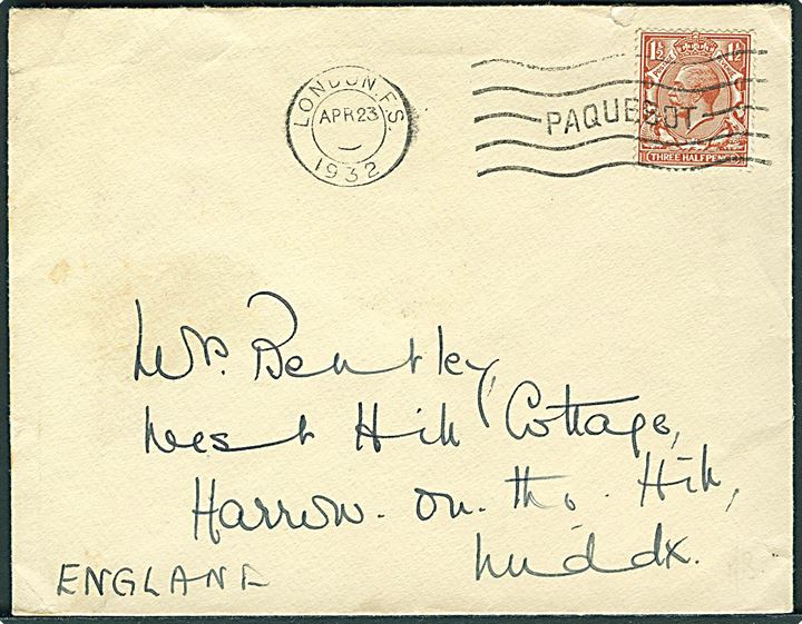 1½d George V på skibsbrev stemplet London F.S. / Paquebot d. 23.4.1932 til Harrow on the Hill, England.