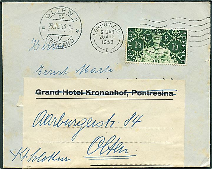 1'3 sh. Elizabeth på brev fra London d. 20.8.1953 til Pontresina, Schweiz - eftersendt til Olten.