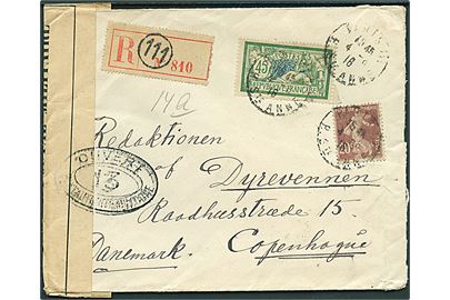 20 c. og 45 c. på anbefalet brev fra Paris d. 4.6.1916 til København, Danmark. Åbnet af fransk censur.