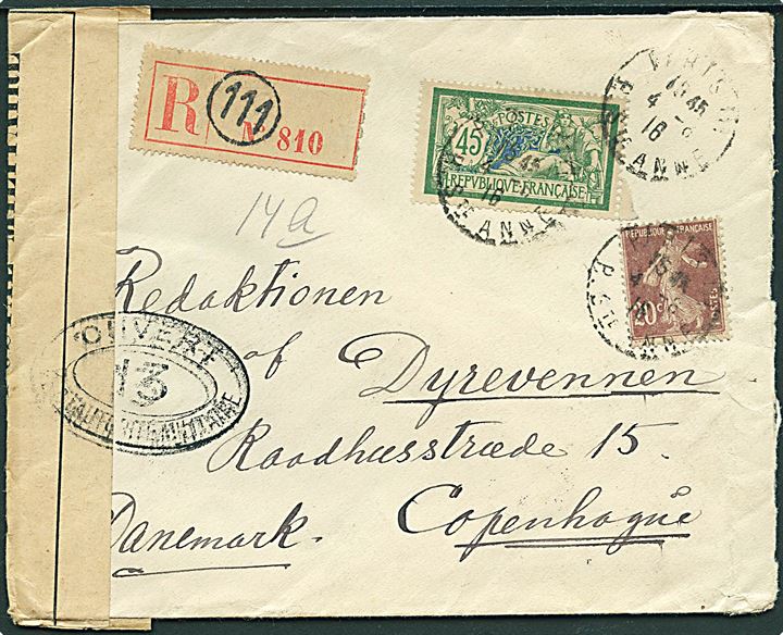 20 c. og 45 c. på anbefalet brev fra Paris d. 4.6.1916 til København, Danmark. Åbnet af fransk censur.
