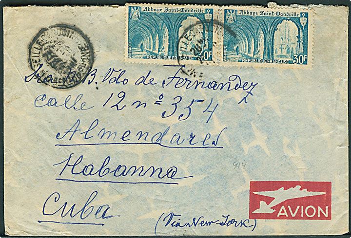 30 fr. (2) på luftpostbrev fra Marseille d. 24.8.1951 til Havanna, Cuba.