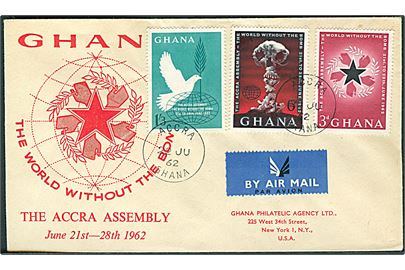 Komplet sæt The World without the Bomb udg. på FDC sendt som luftpost fra Accra d. 22.6.1962 til New York, USA.