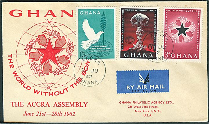 Komplet sæt The World without the Bomb udg. på FDC sendt som luftpost fra Accra d. 22.6.1962 til New York, USA.