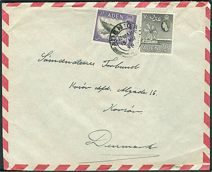 70 c. og 1 sh. på luftpostbrev stemplet Aden Camp d. 15.3.1958 til Korsør, Danmark.