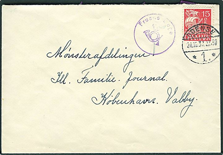 15 øre Karavel på brev annulleret med brotype Vd Odense *1.* d. 20.10.1937 og sidestemplet med posthornstempel Fruens Bøge til København.