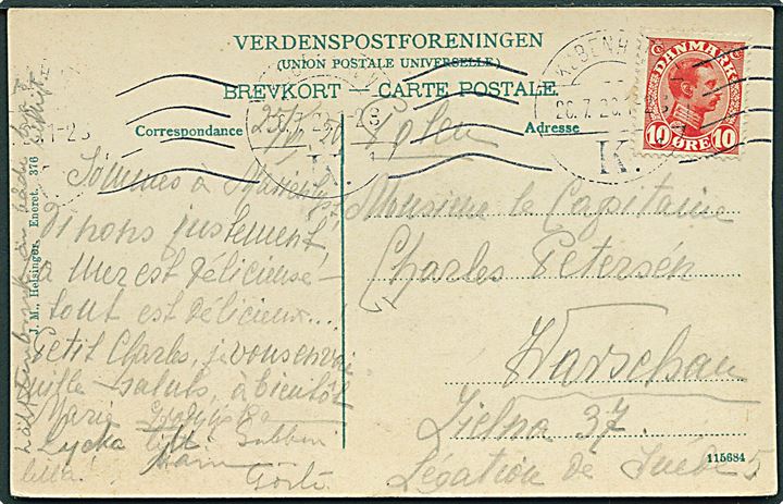 10 øre Chr. X på brevkort fra København d. 20.7.1920 til svensk kaptajn Charles Petersén ved den svenske legation i Warszawa, Polen.