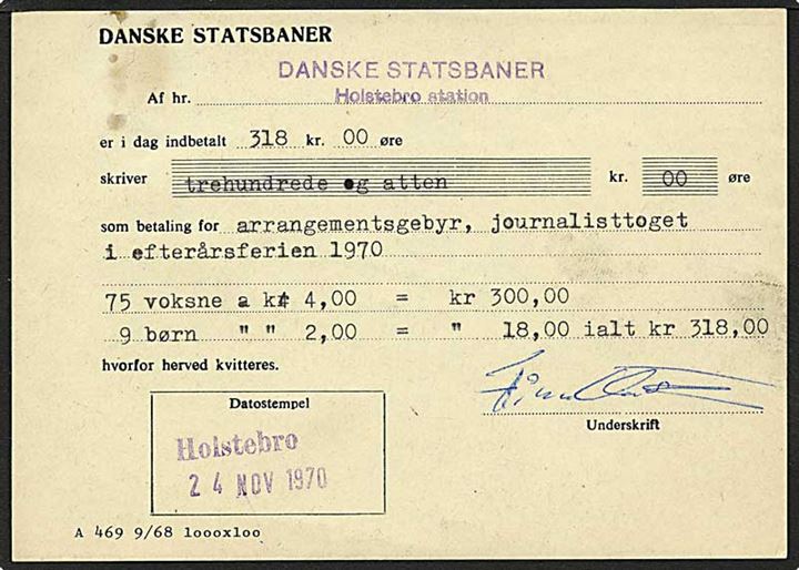Indbetalings kvittering fra Holstebro Station d. 24.11.1970.