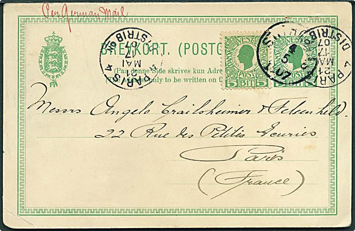 5 bit Chr. IX helsagsbrevkort opfrankeret med 5 bit Chr. IX fra St. Thomas d. 4.5.1907 til Paris, Frankrig. Påskrevet: Per German Mail.