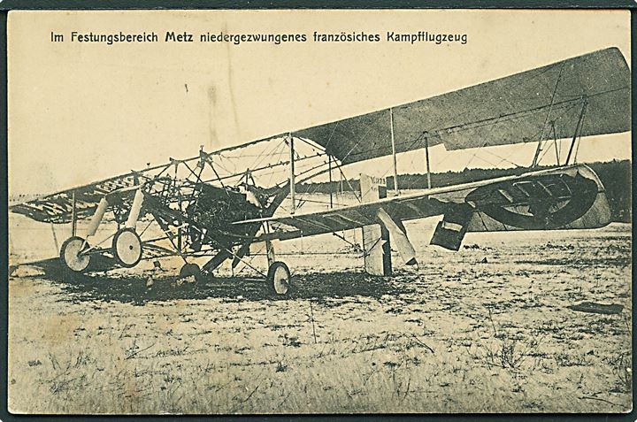 Sønderskudt fransk kampfly ved Metz på Vestfronten. F. Conrad no. 384. Limrest på bagsiden.