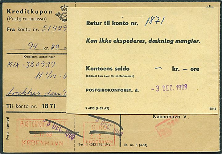 Postgiro-Incasso kupon vedr. indbetaling fra Klarskov d. 2.12.1968 til Statsanstalten for Livsforsikring i København. Påsat etiket formular S6133 (9-65 A7) Retur til konto nr. / KJan ikke ekspederes, dækning mangler.