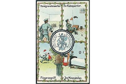 Handgranatenwerfen, Im Ruhequartier, Fliegerangriff & Im Minestollen. E. H. & Co. i. B. no. 1245. 