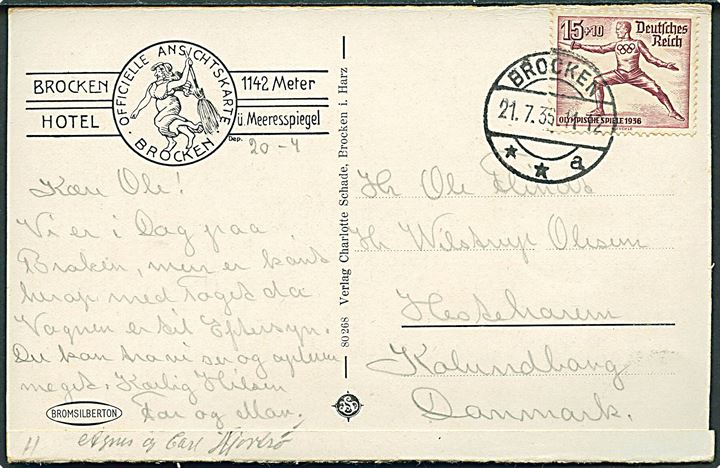 15+10 pfg. Olympiade udg. på brevkort fra Brocken d. 21.7.1936 til Hestehaven pr. Kalundborg, Danmark.