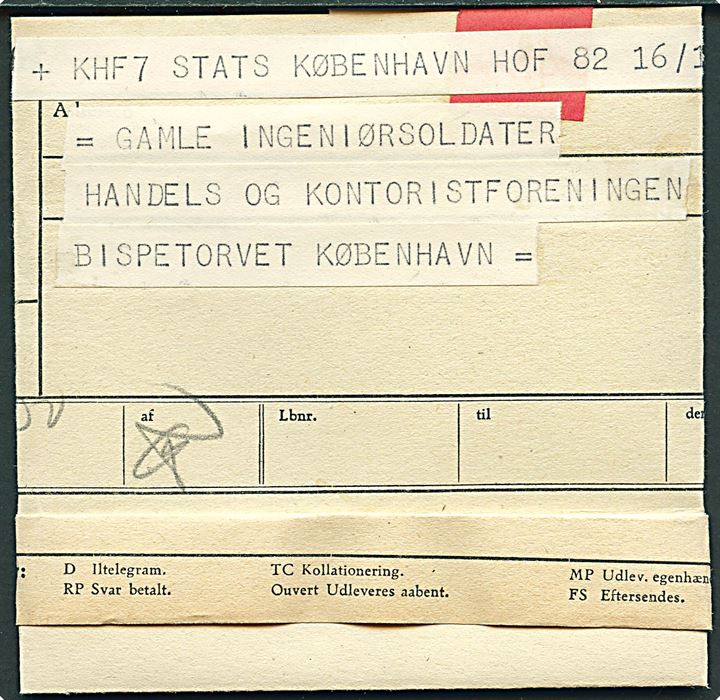 Telegram fra Kong Chr. X med tak dateret d. 16.2.1947 til Gamle Ingeniørsoldater i København.