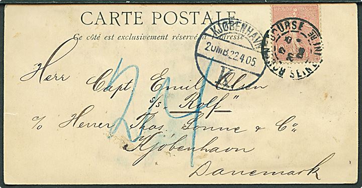 Rolf, S/S, Dampskibsselskabet Danmark i Rouen, Frankrig. Foto påklæbet brevkort sendt fra Rouen d. 20.4.1905 til Kaptajn Olsen ombord på S/S Rolf via rederi i København. Udtakseret i 24 øre porto.