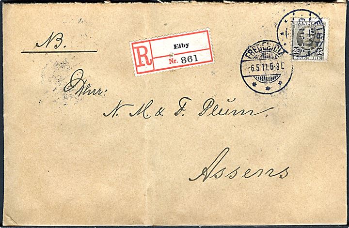 25 øre Fr. VIII single på værdibrev fra Eiby d. 6.5.1911 via Fredericia til Assens. Fold.