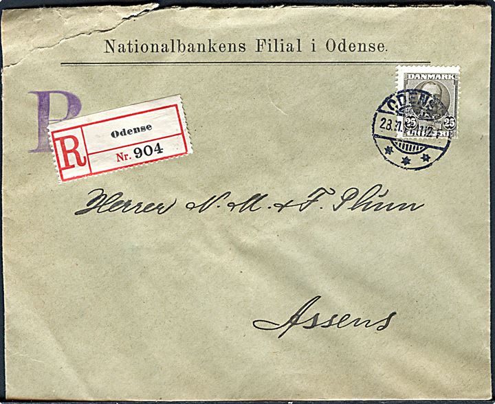 25 øre Fr. VIII single på anbefalet brev fra Odense d. 28.11.1911 til Assens. Rift i venstre hjørne.