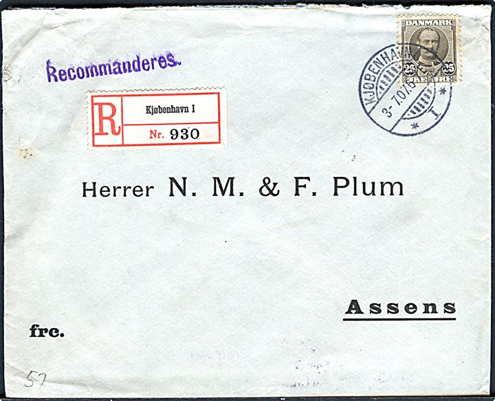 25 øre Fr. VIII single på anbefalet brev fra Kjøbenhavn d. 3.7.1907 til Assens.