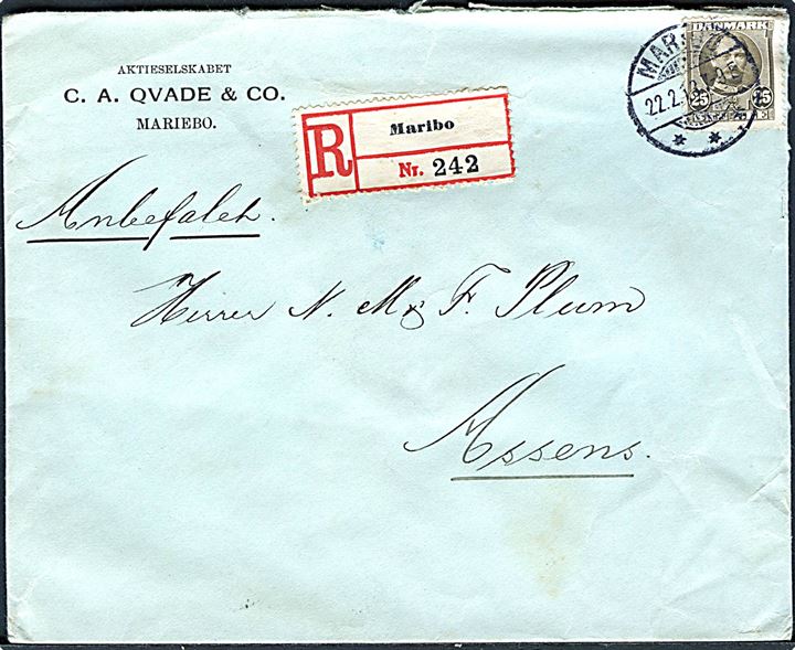 25 øre Fr. VIII single på anbefalet brev fra Maribo d. 22.2.1913 til Assens.