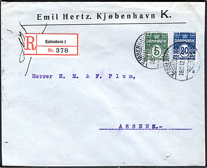 5 øre og 20 øre Bølgelinie på anbefalet brev fra Kjøbenhavn d. 28.12.1912 til Assens.