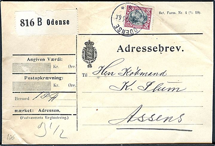 50 øre Chr. X single på adressebrev for pakke fra Odense d. 21.2.1919 til Assens.