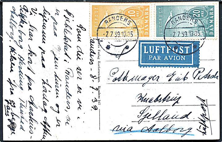 10 øre og 20 øre Luftpost på luftpost brevkort fra Randers d. 7.7.1939 til Knabstrup, Sjælland. Påskrevet: via Aalborg som er overstreget.