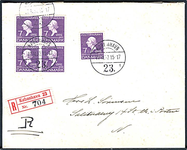 7 øre H.C.Andersen i single og fireblok på lokalt anbefalet brev i København d. 17.11.1937.