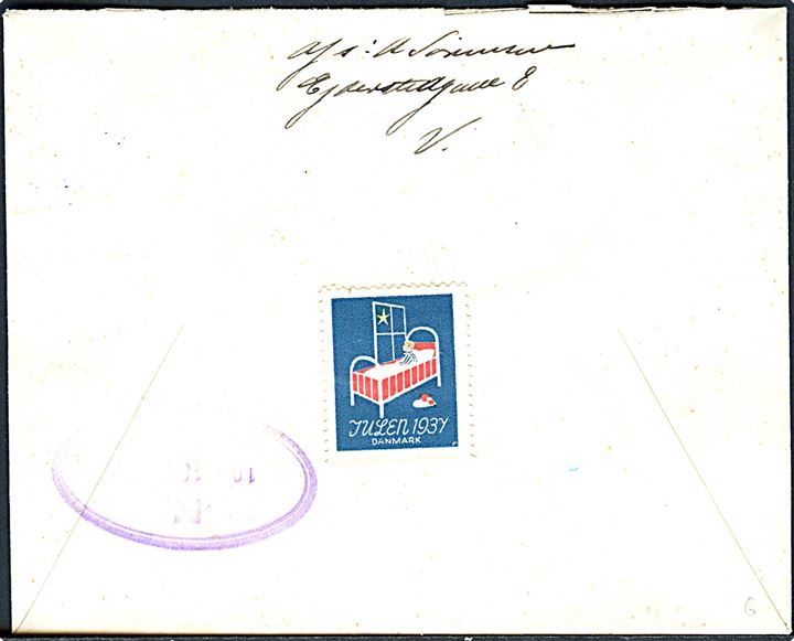 7 øre H.C.Andersen i single og fireblok på lokalt anbefalet brev i København d. 17.11.1937.