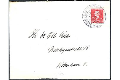15 øre H.C.Andersen på brev annulleret med klipfisk stempel i Klaksvig Færøerne d. 13.6.1936 til København. Lodret fold.