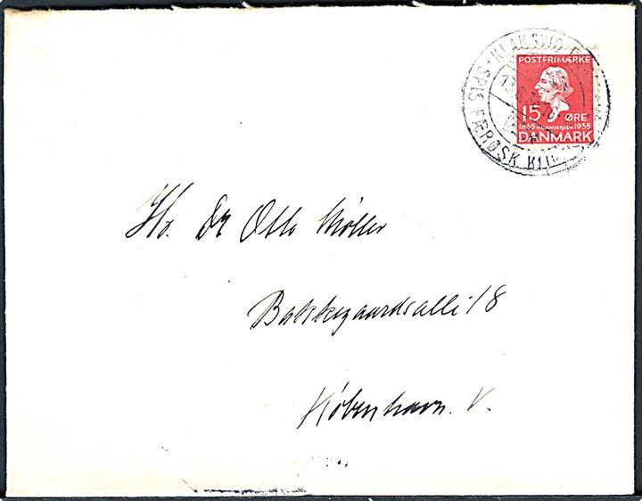 15 øre H.C.Andersen på brev annulleret med klipfisk stempel i Klaksvig Færøerne d. 13.6.1936 til København. Lodret fold.
