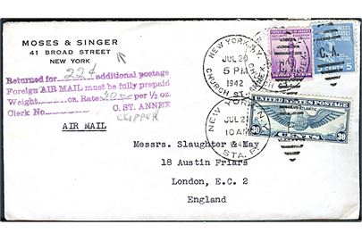 3 cents Defence og 5 cents Monroe på underfrankeret luftpostbrev fra New York d. 20.7.1942 til London, England. Returneret og opfrankeret med 30 cents Winged Globe stemplet New York d. 21.7.1942.