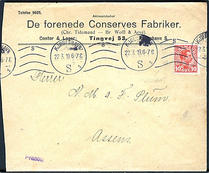 10 øre Chr. X med hvid streg ved D i Danmark på brev fra Kjøbenhavn d. 22.3.1919 til Assens.