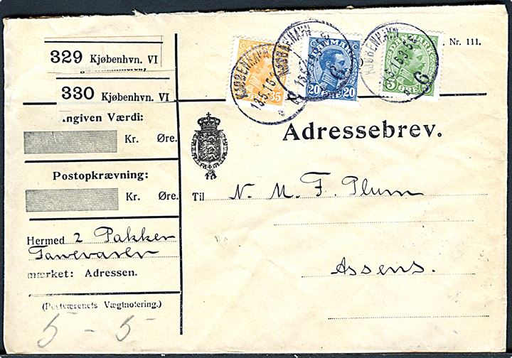 5 øre, 20 øre og 35 øre Chr. X på adressebrev for 2 pakker fra Kjøbenhavn d. 13.5.1916 til Assens.