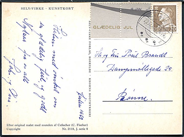 20 øre Fr. IX og marginal fra Julemærke 1962 på julekort fra Åkirkeby d. 22.12.1962 til Rønne.